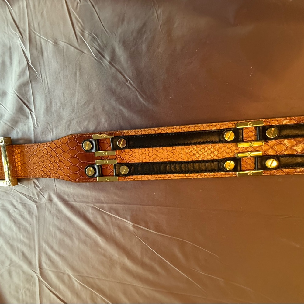 RARE Tory Burch Brown Snakeskin Waist belt black leather gold 2” size M $425 - Picture 11 of 15
